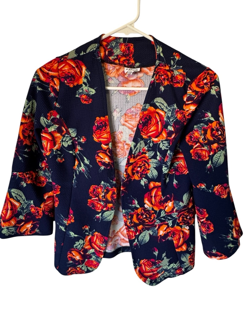 Vintage Love Navy Orange Open-Front Blazer Jacket Red Rose Print Women’s S